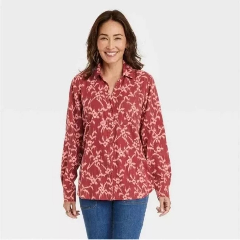 Knox Rose Plus Long Sleeve Button-Down Shirt Sz 2X Deep Hibiscus Coral Burnt Red